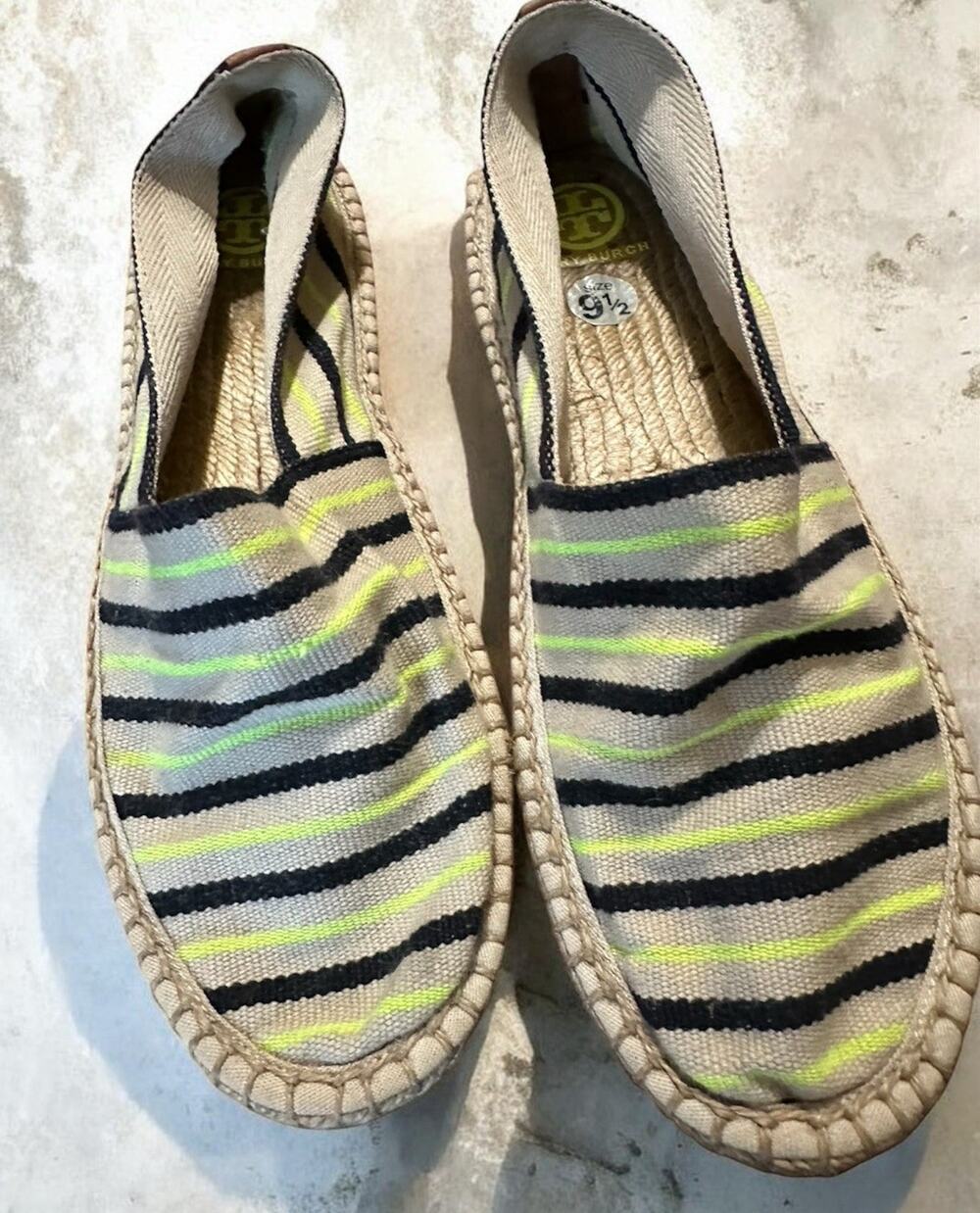 Tory Burch Linen Striped Flats Womens 9.5 Navy Neon Yellow Espadrille